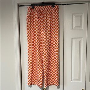 SHEIN Orange and White Checkered Wide Leg Pants